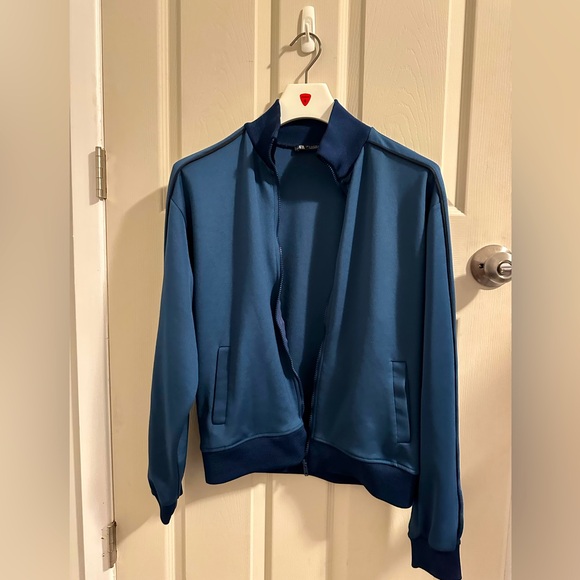 Zara Dark Teal Blue Full Zip Retro Track Jacket Women’s Size Small - Picture 3 of 4